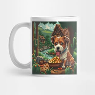 pixel art dog eating spaghetti in beautiful scene Mug